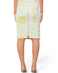 Lost Labels vintage Gianni Versace midi skirt featuring a light blue and yellow seashell and starfish print