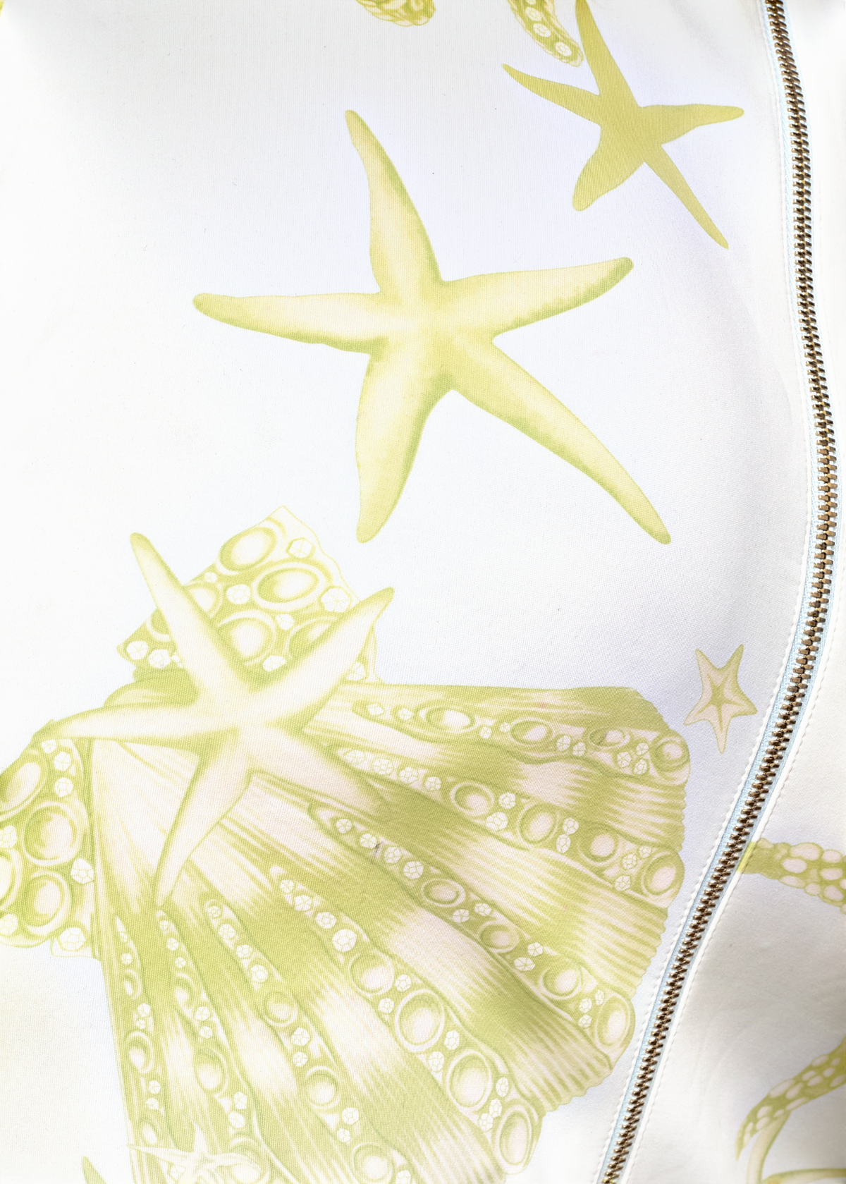 Lost Labels vintage Gianni Versace midi skirt featuring a white and pale green starfish and seashell print with a zipper