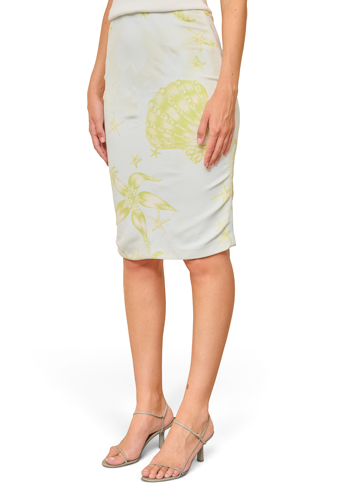 Lost Labels vintage Gianni Versace midi skirt featuring a pale blue and yellow seashell and starfish print