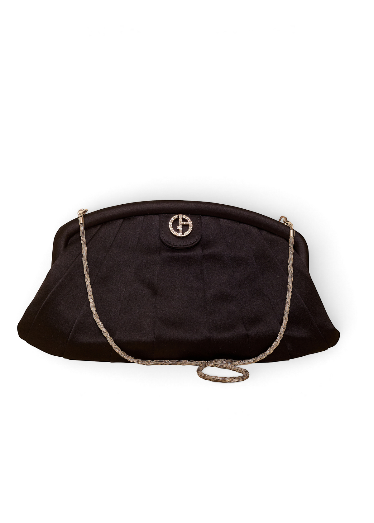 Lost Labels Giorgio Armani black silk clutch bag with a refined pleated design and a silver-tone chain strap.