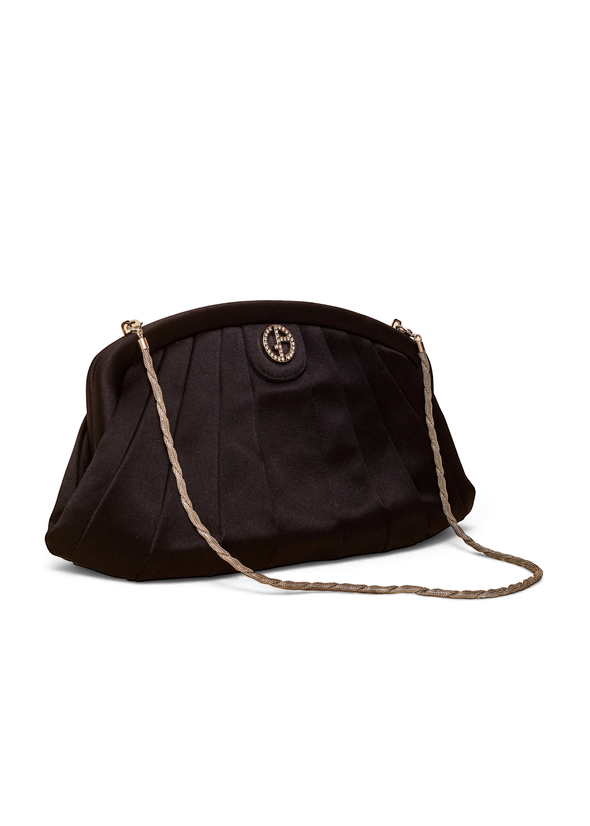 Lost Labels Giorgio Armani black silk clutch bag with a gold chain strap and crystal-embellished logo clasp