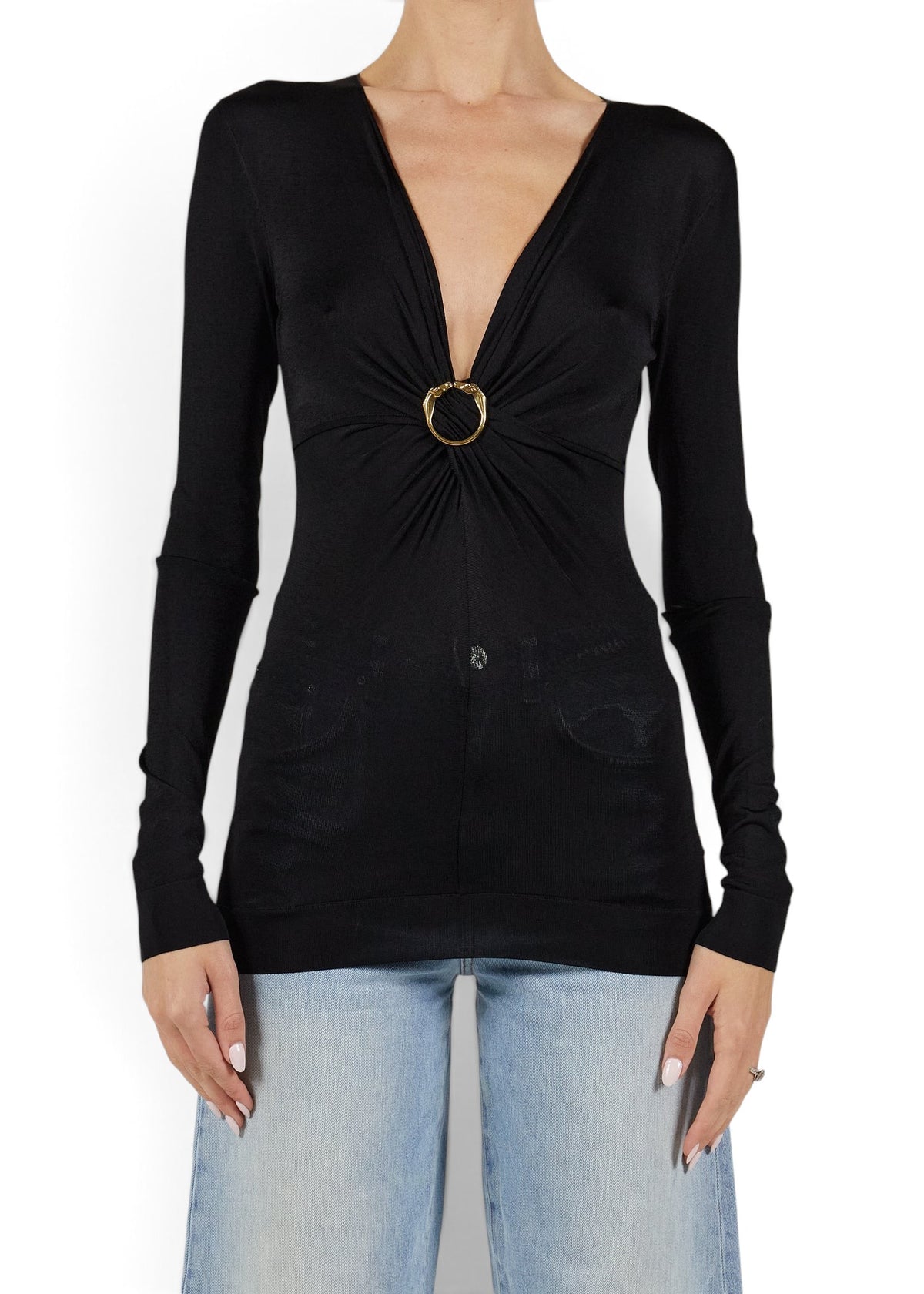 Lost Labels Gucci black long sleeve top featuring a deep V-neck and a gold buckle detail on a model