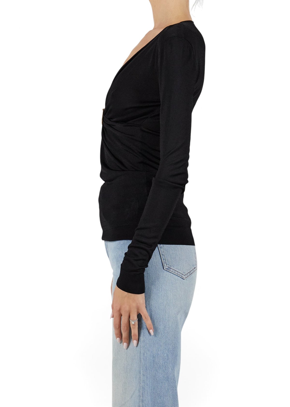 Lost Labels Gucci black long sleeve top featuring a gold buckle detail and a flattering v-neckline