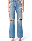Lost Labels Gucci blue denim jeans featuring a high-waisted fit with distressed knee rips and a straight-leg cut.