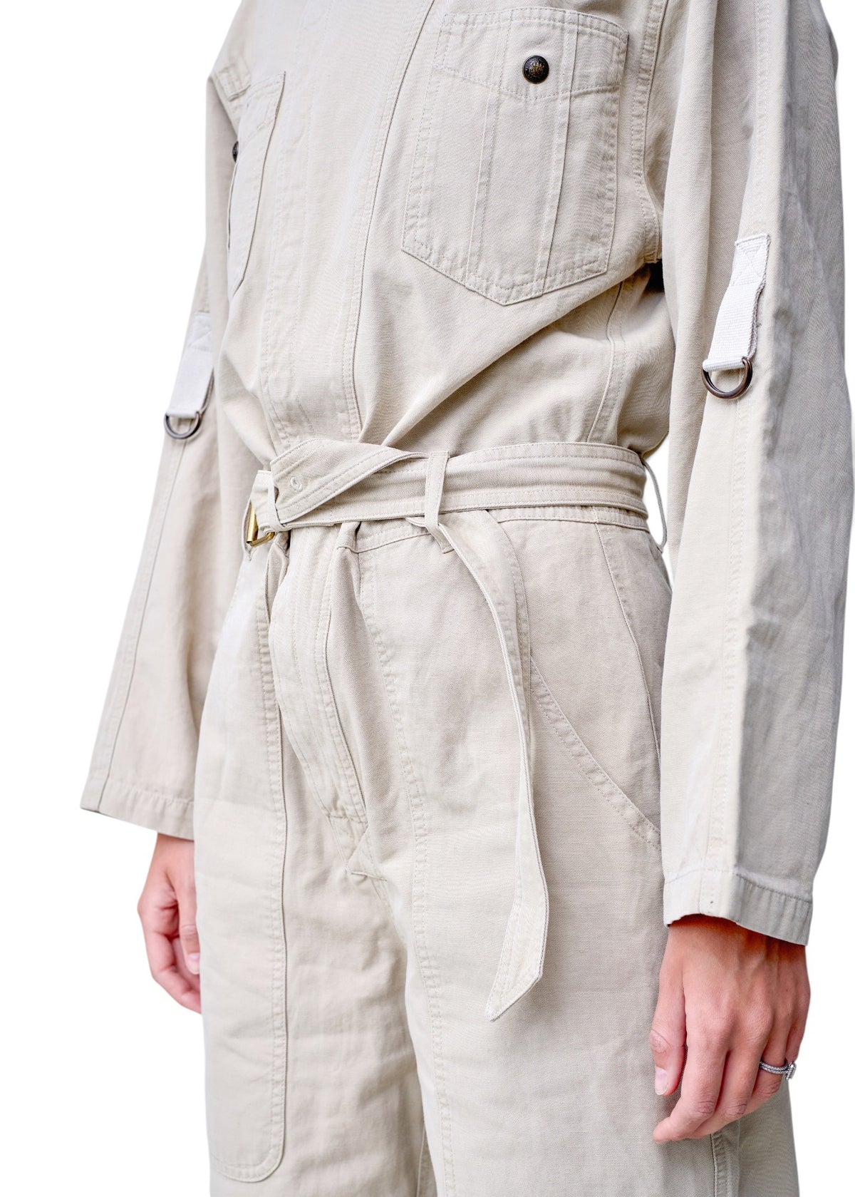 Lost Labels Isabel Marant Etoile beige cotton jumpsuit with a belted waist and utility style pockets