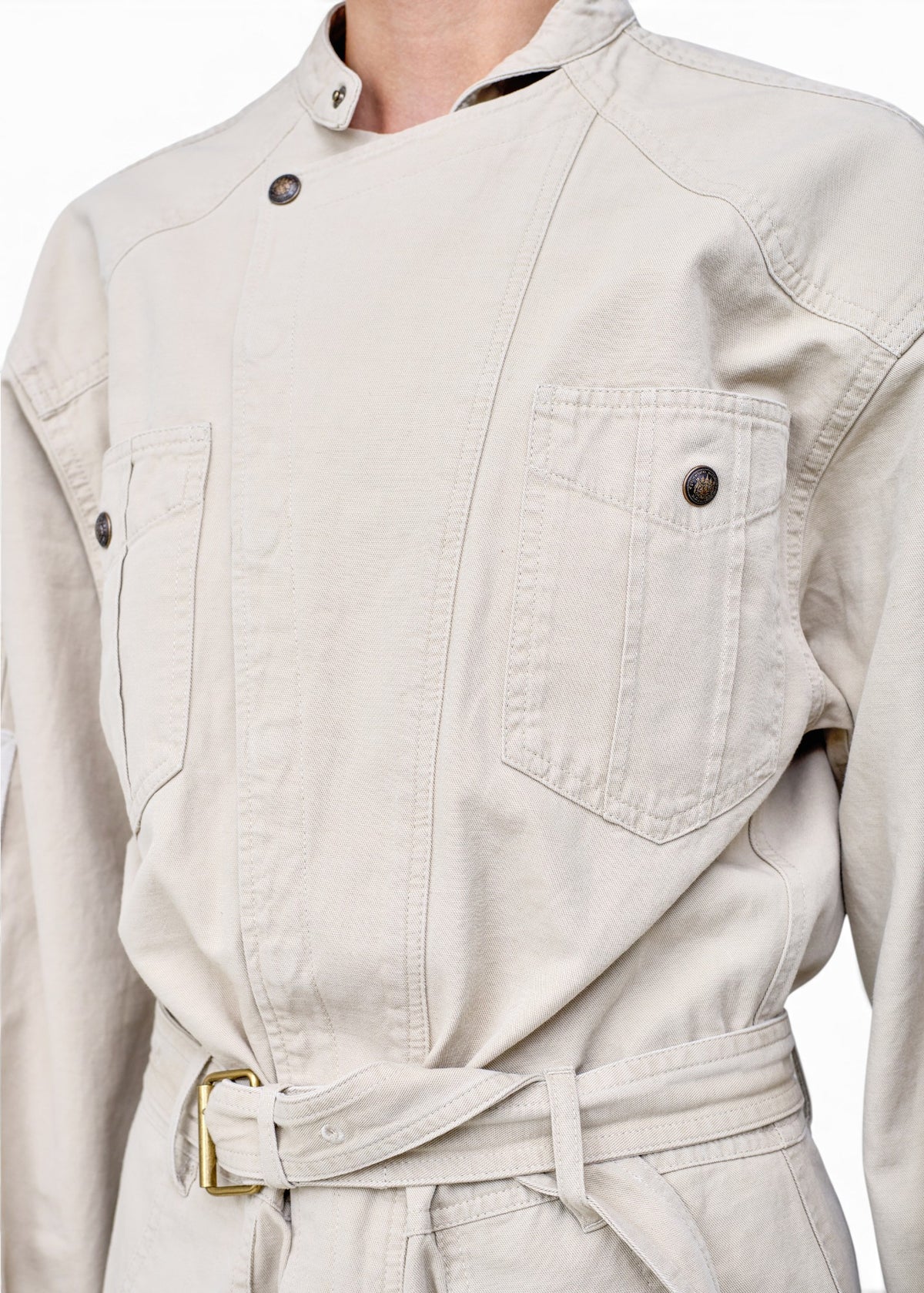 Lost Labels Isabel Marant Etoile beige cotton jumpsuit with a mandarin collar, chest pockets, and a belted waist.