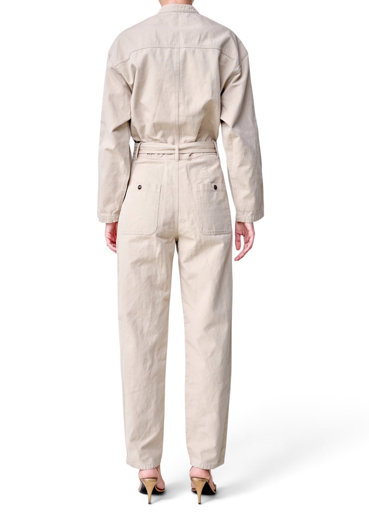 Back view of a beige Isabel Marant Etoile jumpsuit with a belted waist and utility pockets from Lost Labels