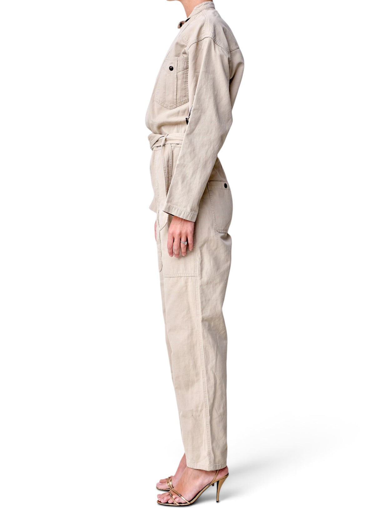 Lost Labels Isabel Marant Etoile beige cotton jumpsuit with long sleeves, belted waist, and utility pockets