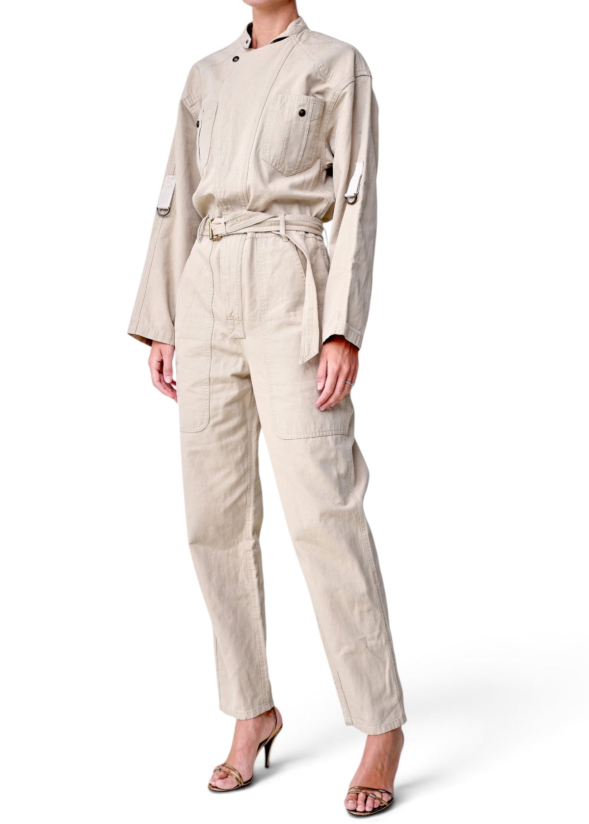Lost Labels Isabel Marant Etoile beige cotton utility jumpsuit with belted waist and long sleeves