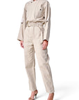 Lost Labels Isabel Marant Etoile beige cotton utility jumpsuit with belted waist and long sleeves