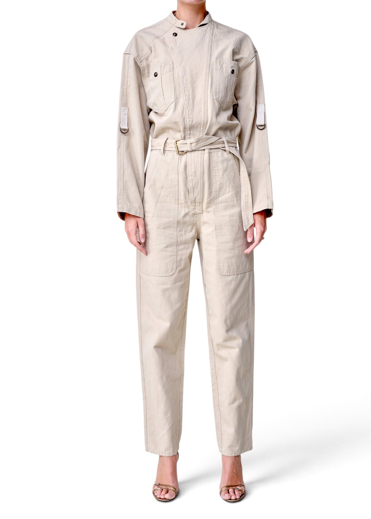 Lost Labels Isabel Marant Etoile beige utility jumpsuit with belted waist and long sleeves on a model