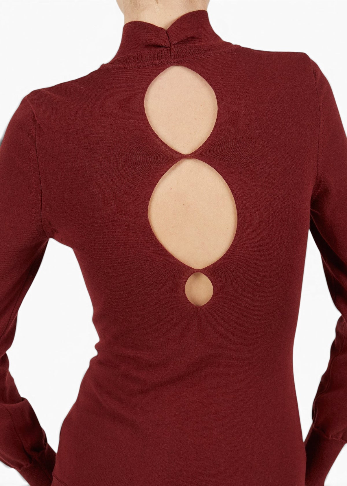 Lost Labels Jacquemus burgundy cotton blend maxi dress featuring a high neck and circular back cutouts