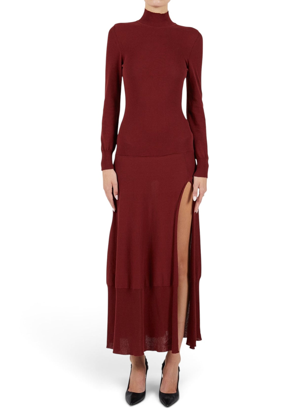 Lost Labels Jacquemus burgundy cotton blend maxi dress with high neck, long sleeves, and a high side slit