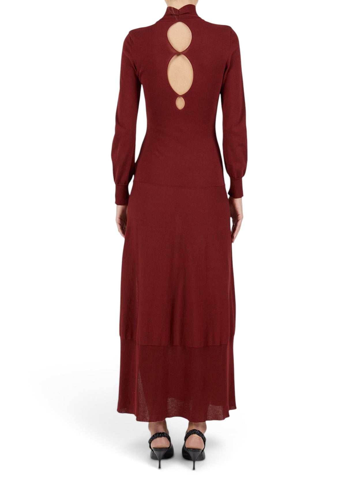 Lost Labels Jacquemus burgundy maxi dress with long sleeves and a circular cut-out back detail in cotton blend
