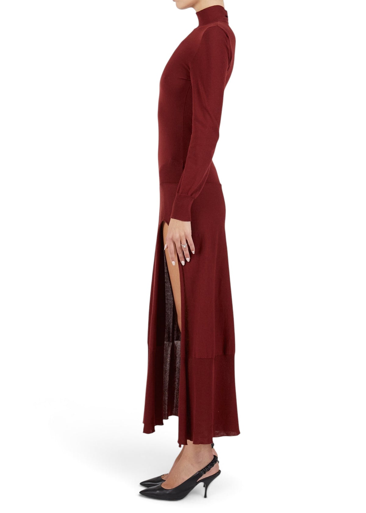 Lost Labels Jacquemus burgundy cotton blend maxi dress with long sleeves and a high side slit, side view