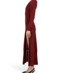 Lost Labels Jacquemus burgundy cotton blend maxi dress with long sleeves and a high side slit, side view