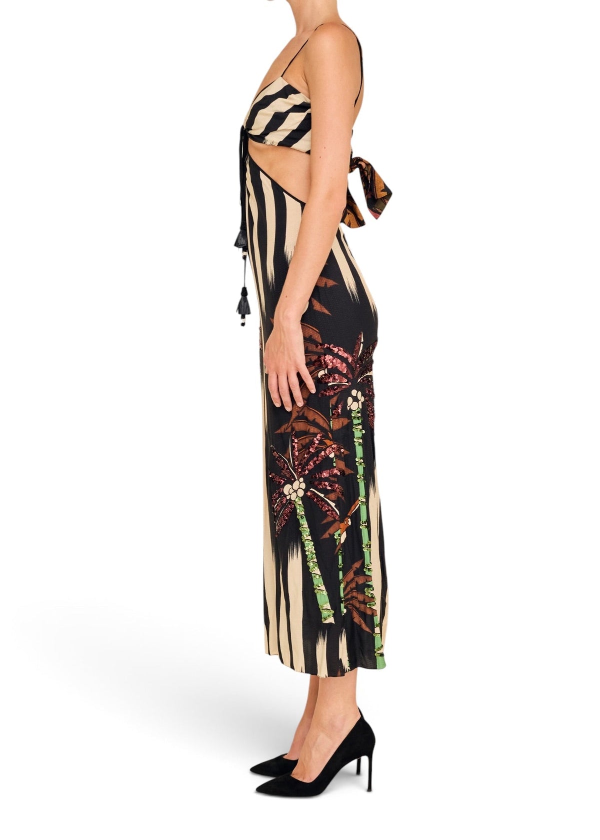 Lost Labels Johanna Ortiz midi dress with striped palm tree print, sequin details, cut-out waist, and tassel ties.