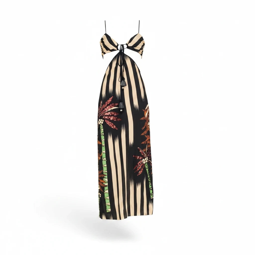 Lost Labels Johanna Ortiz midi dress with black and beige stripes, palm tree motifs, cut-out waist, and sequin detail.