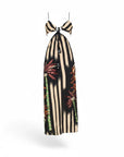 Lost Labels Johanna Ortiz midi dress with black and beige stripes, palm tree motifs, cut-out waist, and sequin detail.