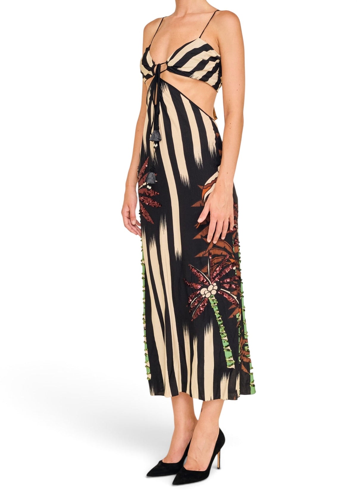 Lost Labels Johanna Ortiz midi dress with striped palm print, cut-out waist, spaghetti straps, and sequin details.