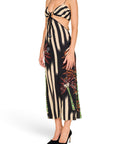 Lost Labels Johanna Ortiz midi dress with striped palm print, cut-out waist, spaghetti straps, and sequin details.