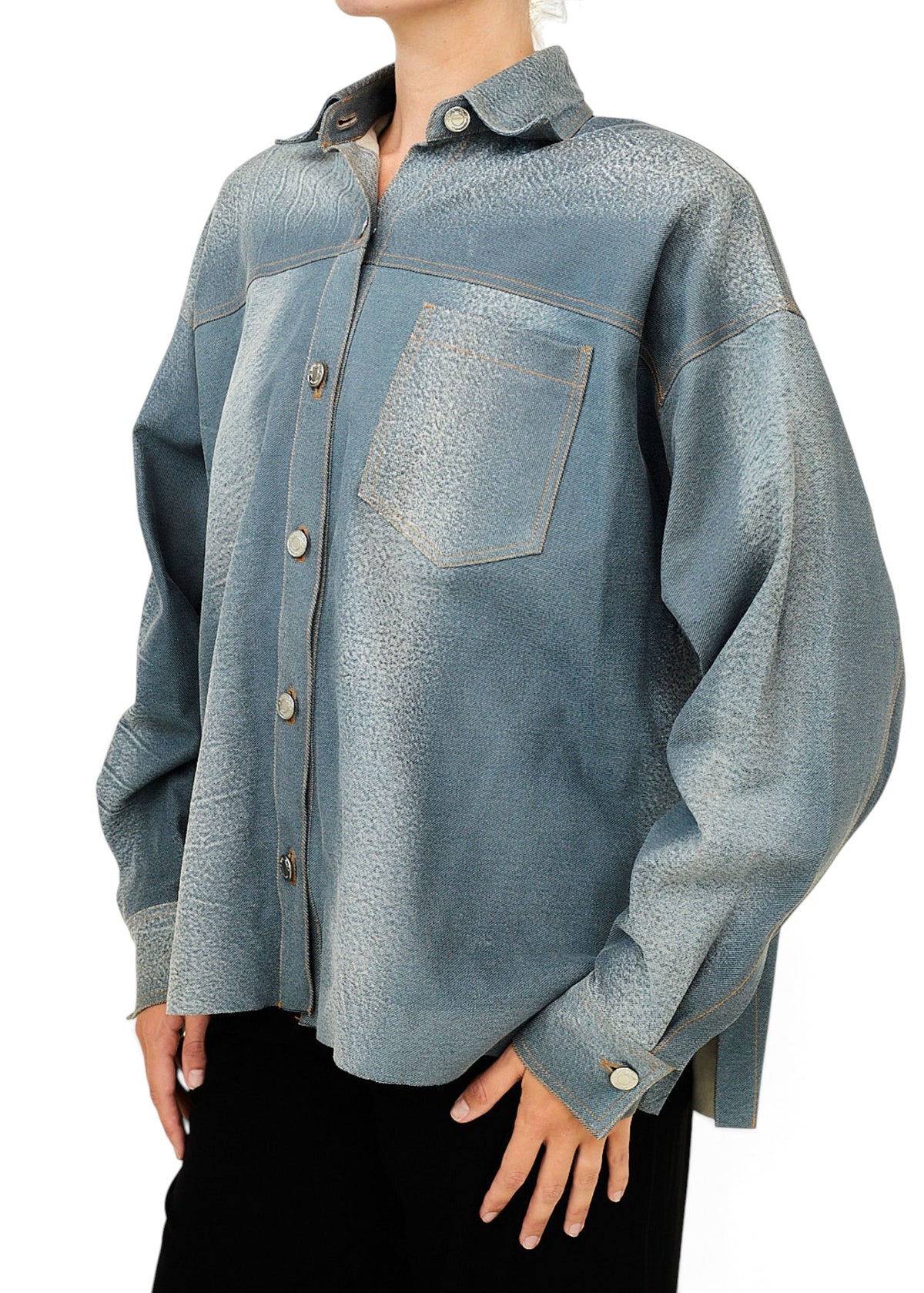Lost Labels LaQuan Smith blue lambskin leather jacket with button-down front and chest pocket