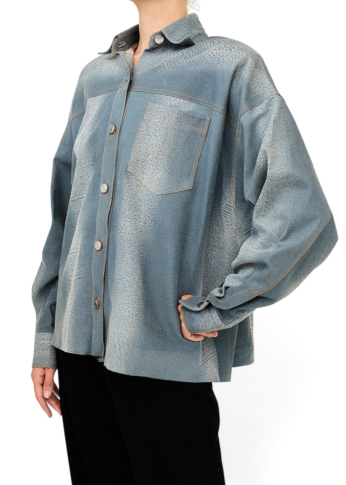 Lost Labels LaQuan Smith blue lambskin leather jacket with button-down front and chest pocket