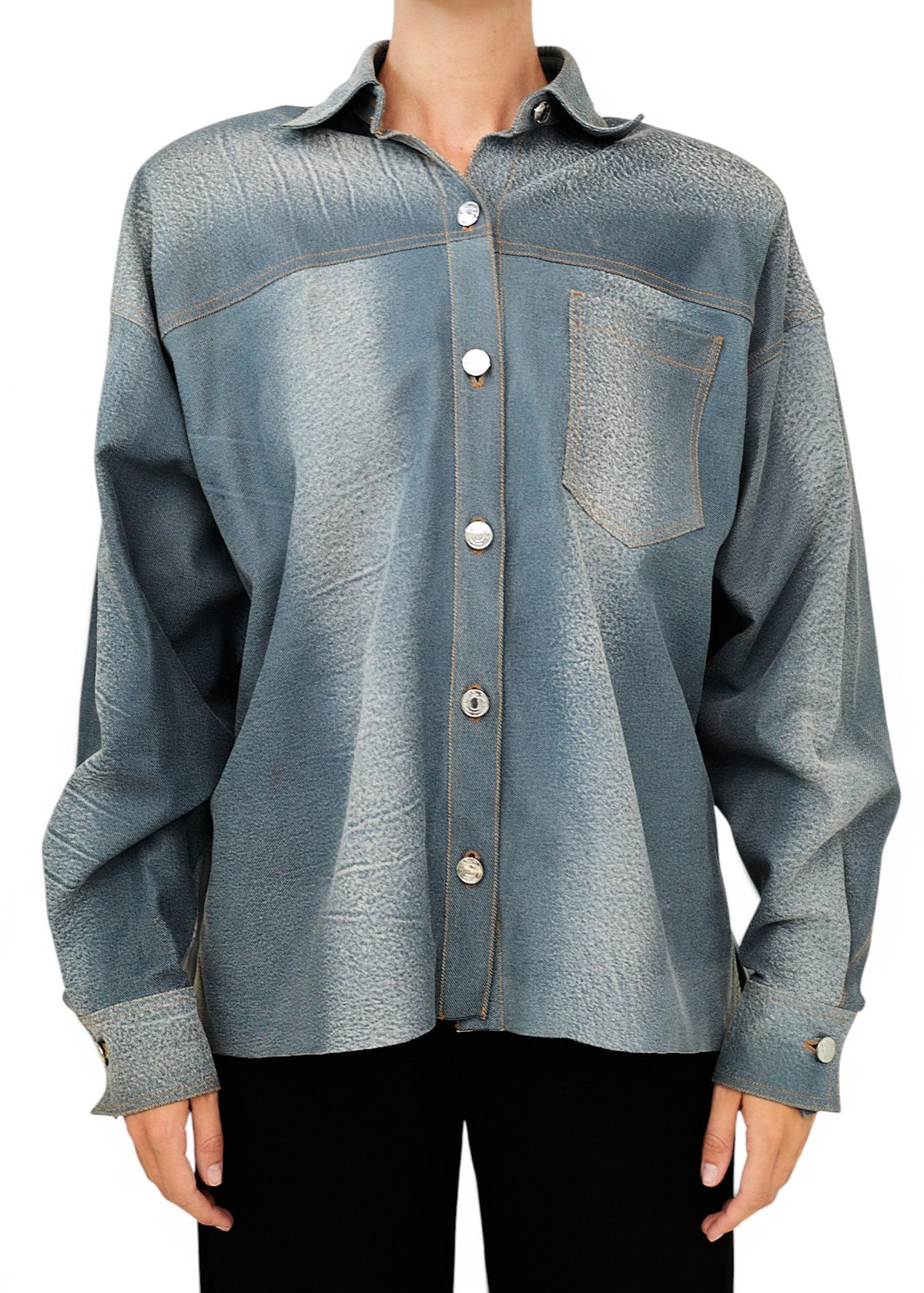 Lost Labels LaQuan Smith lambskin leather jacket in a faded blue denim-look finish with silver button detailing.