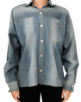 Lost Labels LaQuan Smith lambskin leather jacket in a faded blue denim-look finish with silver button detailing.