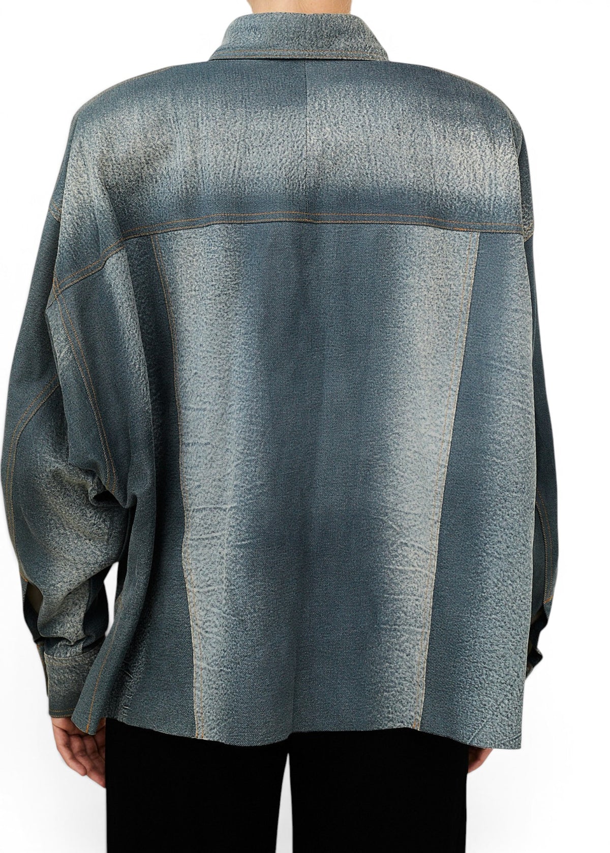 Lost Labels LaQuan Smith lambskin leather jacket in a distressed blue finish, shown from the back.