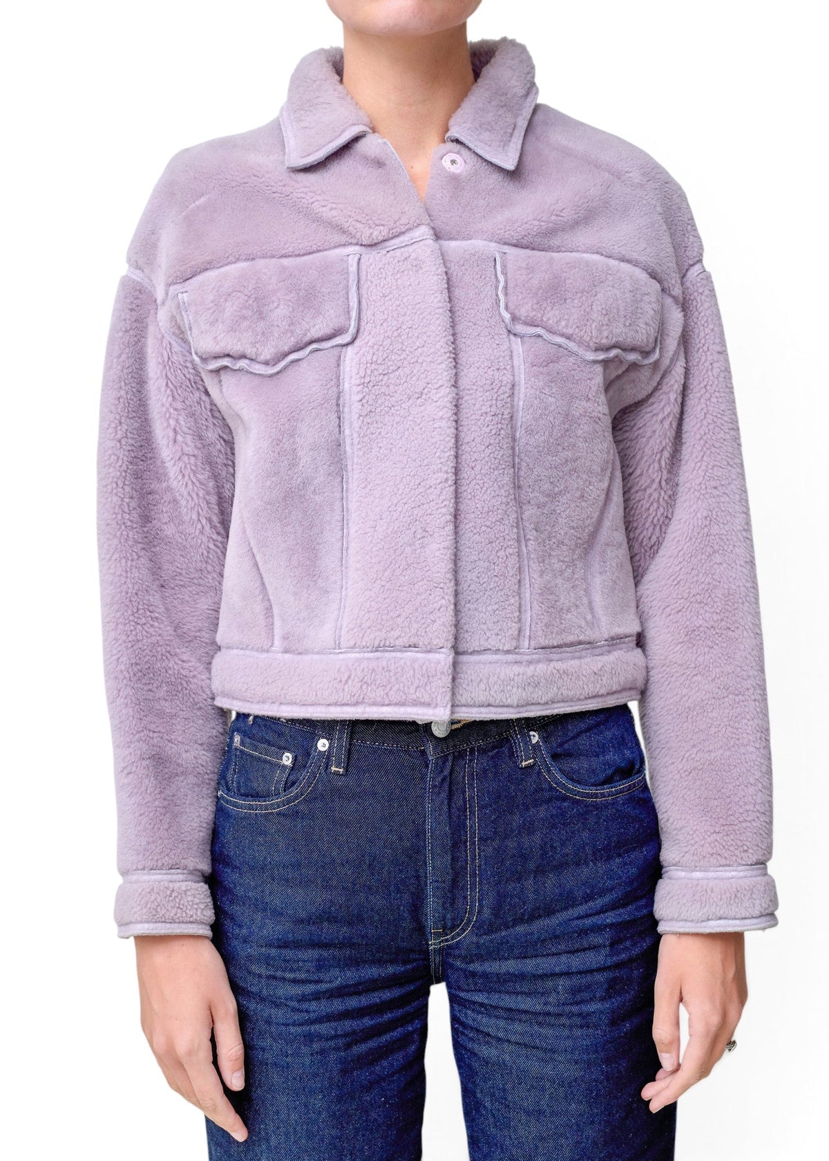 Lost Labels 3.1 Phillip Lim lavender faux shearling cropped jacket with button front and chest pockets