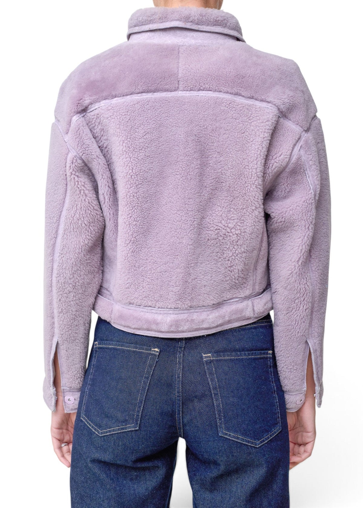 Lost Labels 3.1 Phillip Lim lavender faux shearling cropped coat worn with blue jeans, back view