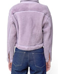 Lost Labels 3.1 Phillip Lim lavender faux shearling cropped coat worn with blue jeans, back view