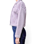 Lost Labels 3.1 Phillip Lim lavender faux shearling cropped jacket with a collar and button front, side view.