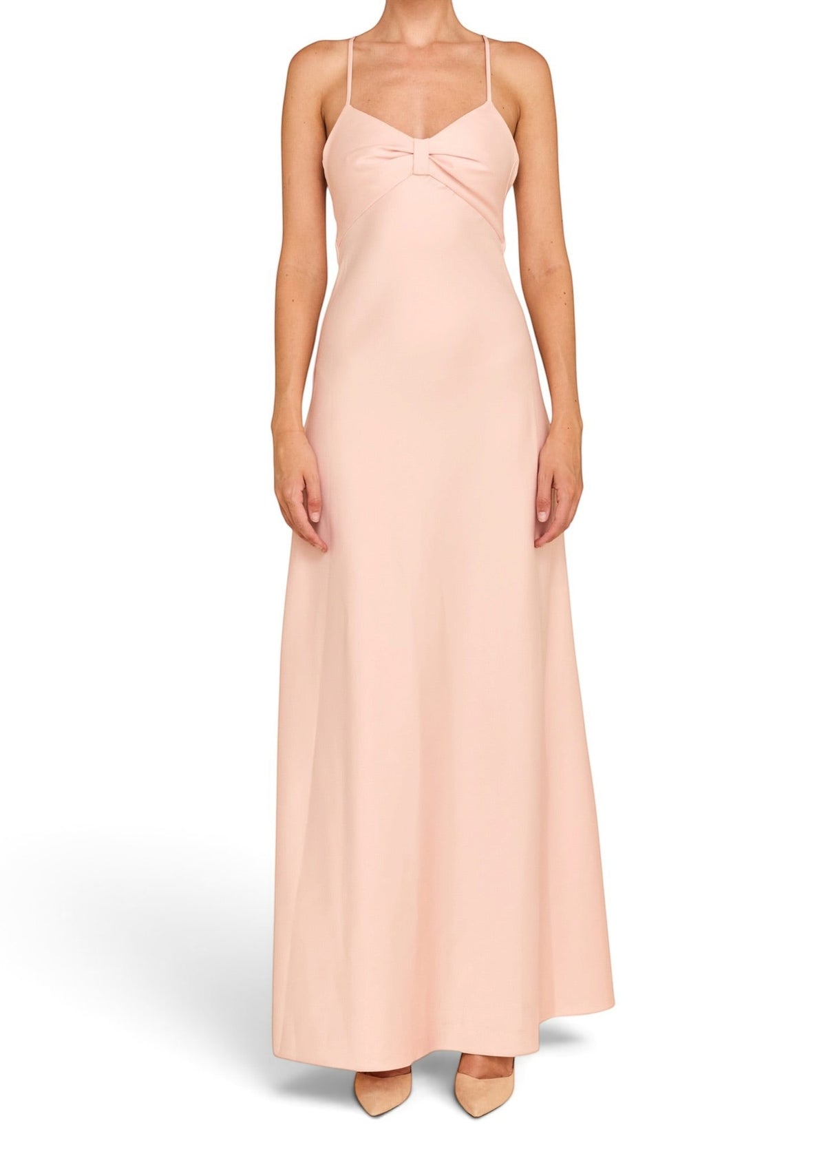Lost Labels Linni Caro gown in soft blush pink with a sweetheart neckline and spaghetti straps on a model