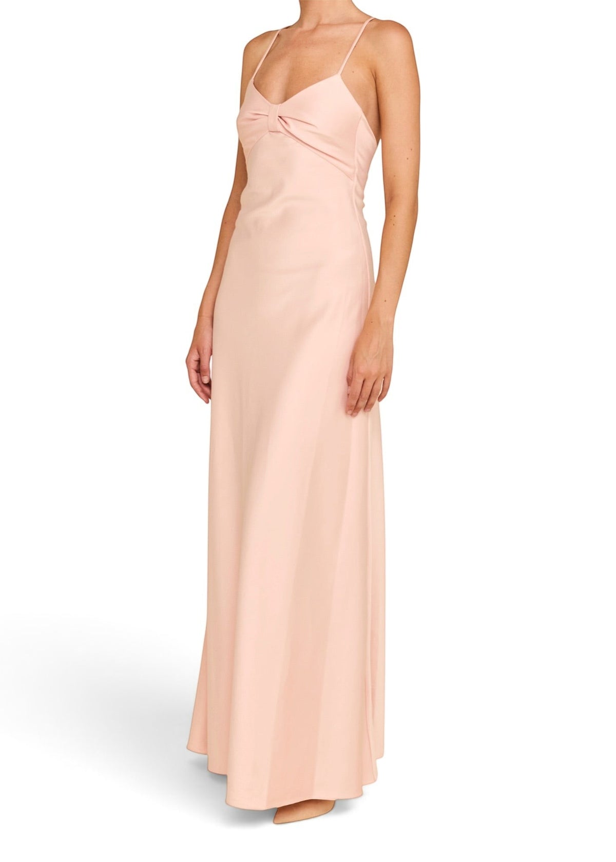 Lost Labels Linni Caro gown in soft blush pink with a flattering sweetheart neckline and thin spaghetti straps.