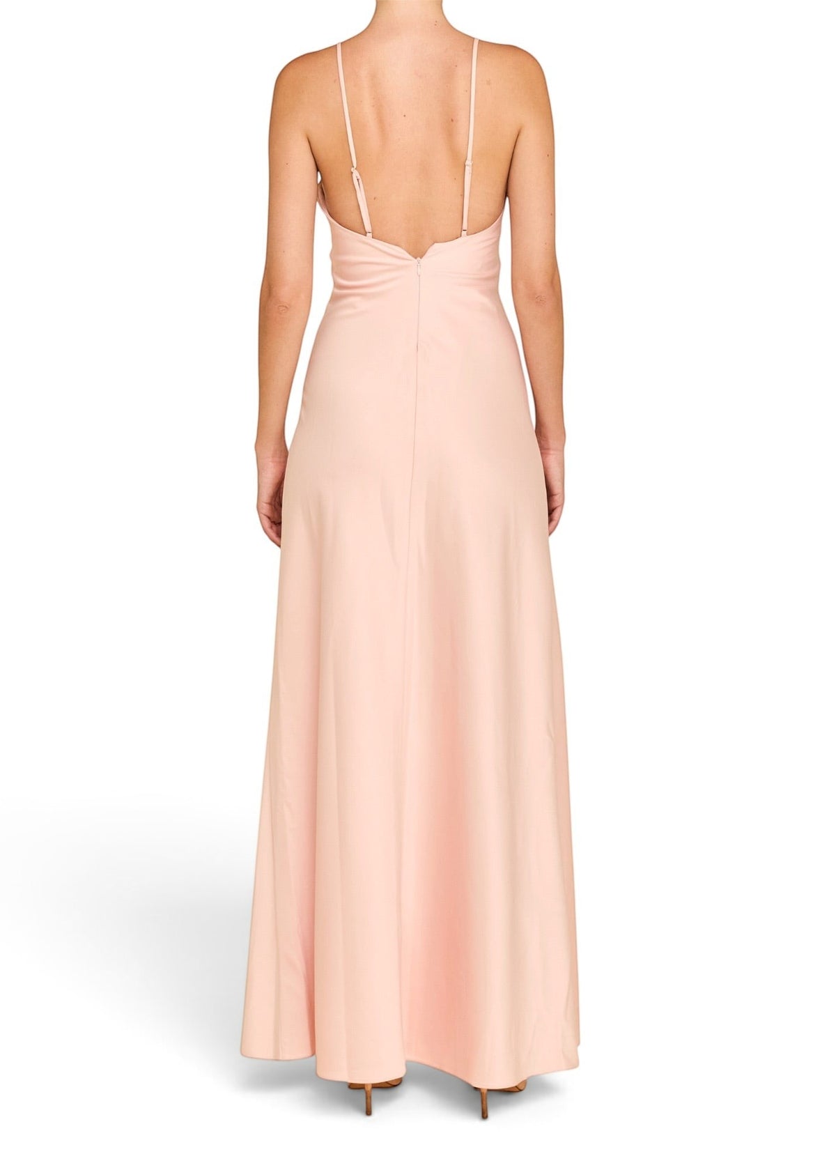 Back view of a Lost Labels Linni Caro gown in soft pink with thin spaghetti straps and a floor-length silhouette.