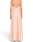 Back view of a Lost Labels Linni Caro gown in soft pink with thin spaghetti straps and a floor-length silhouette.