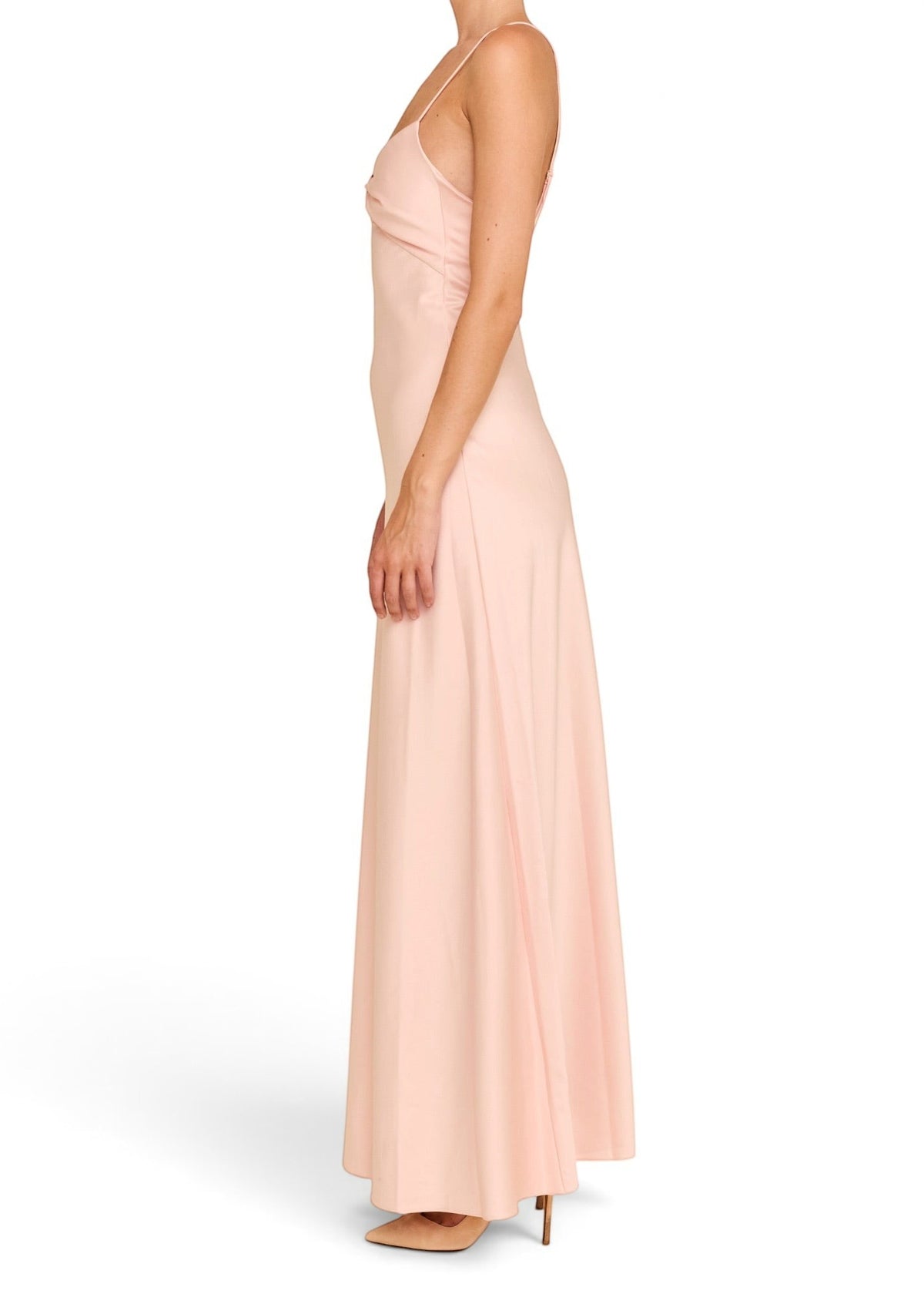 Lost Labels Linni Caro gown in soft pink, featuring a sleek floor-length silhouette with spaghetti straps.