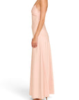 Lost Labels Linni Caro gown in soft pink, featuring a sleek floor-length silhouette with spaghetti straps.