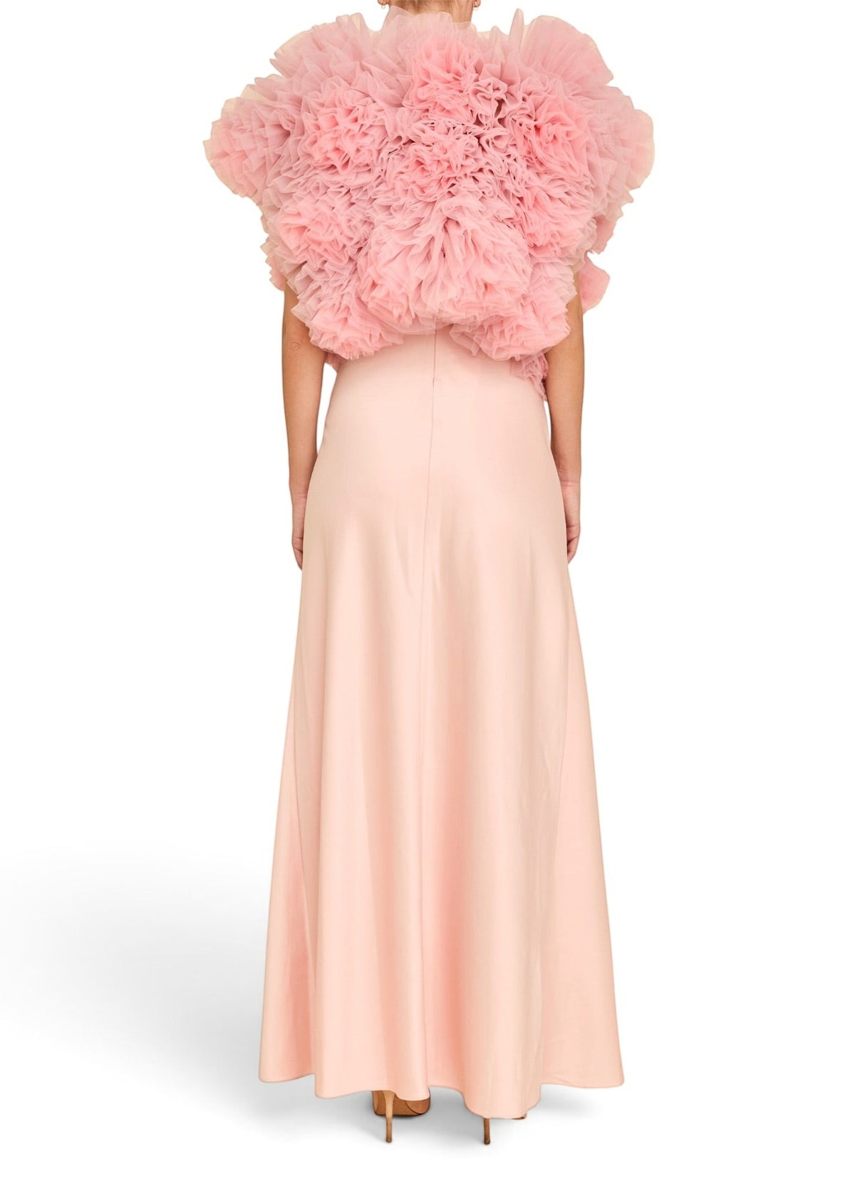 Back view of a Lost Labels Linni Caro gown in pale pink with a voluminous ruffled tulle bodice and floor-length skirt.