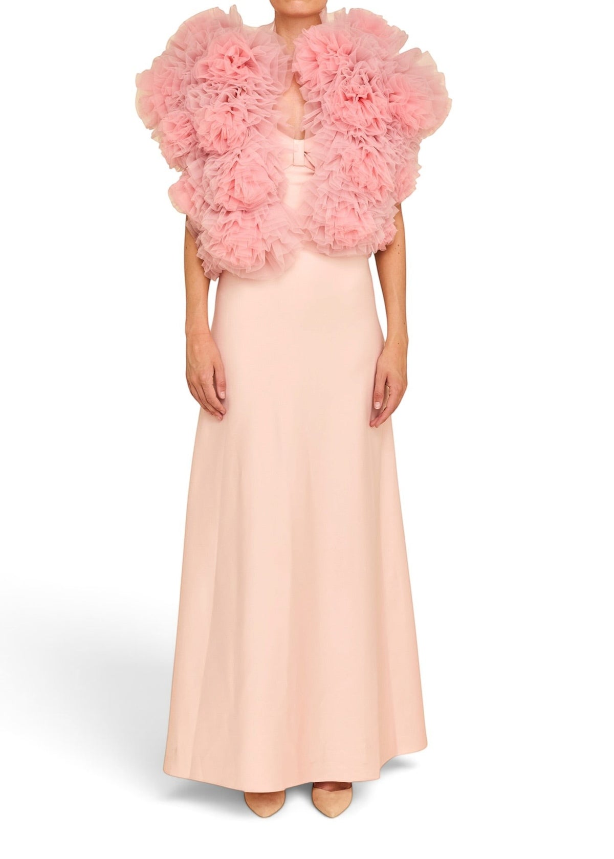 Lost Labels Linni Caro gown in pale pink featuring a dramatic ruffled tulle neckline and floor-length silhouette.