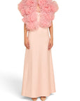 Lost Labels Linni Caro gown in pale pink featuring a dramatic ruffled tulle neckline and floor-length silhouette.