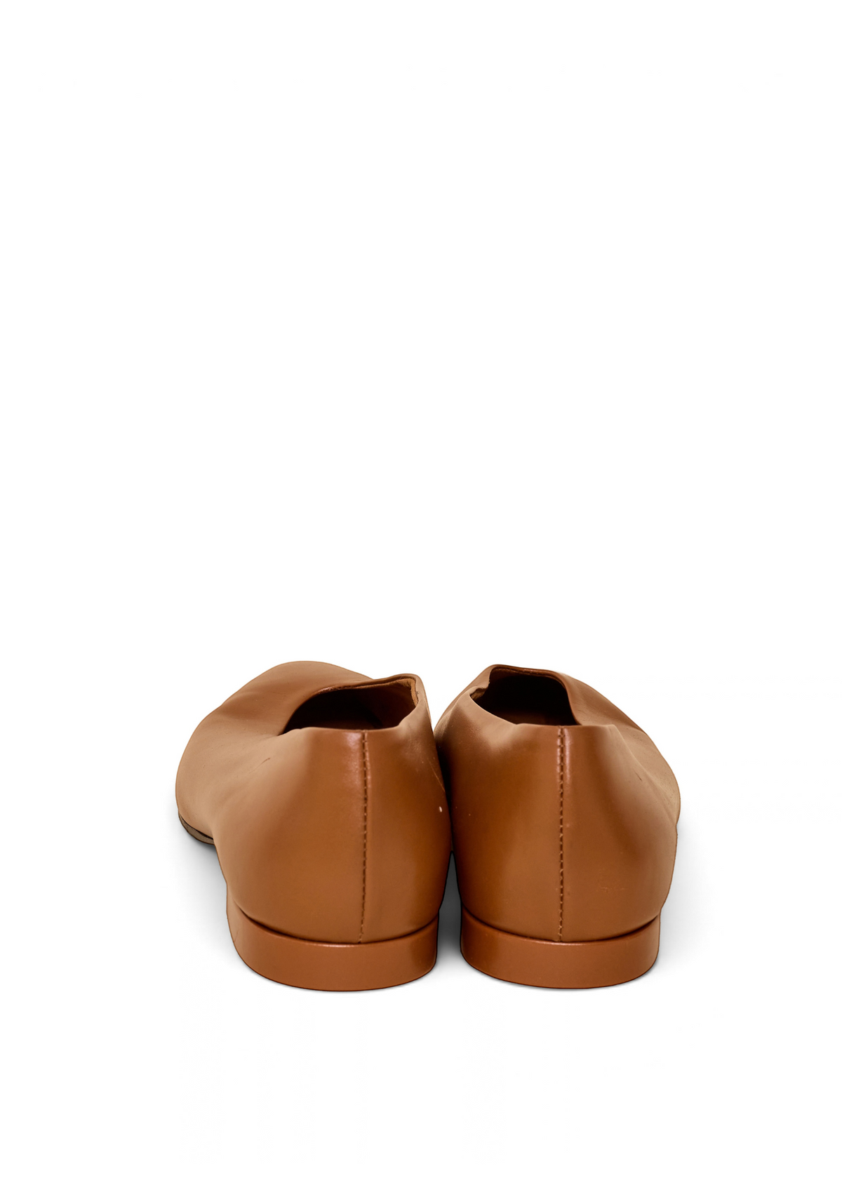 Lost Labels Loro Piana tan leather flats viewed from the back, showcasing refined Italian craftsmanship.
