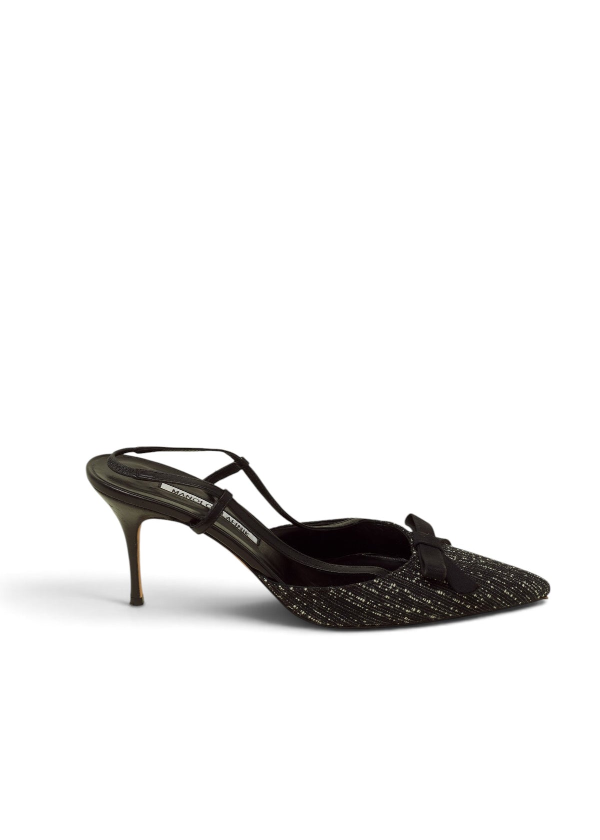 Lost Labels Manolo Blahnik black textured slingback heels with a pointed toe and small bow detail