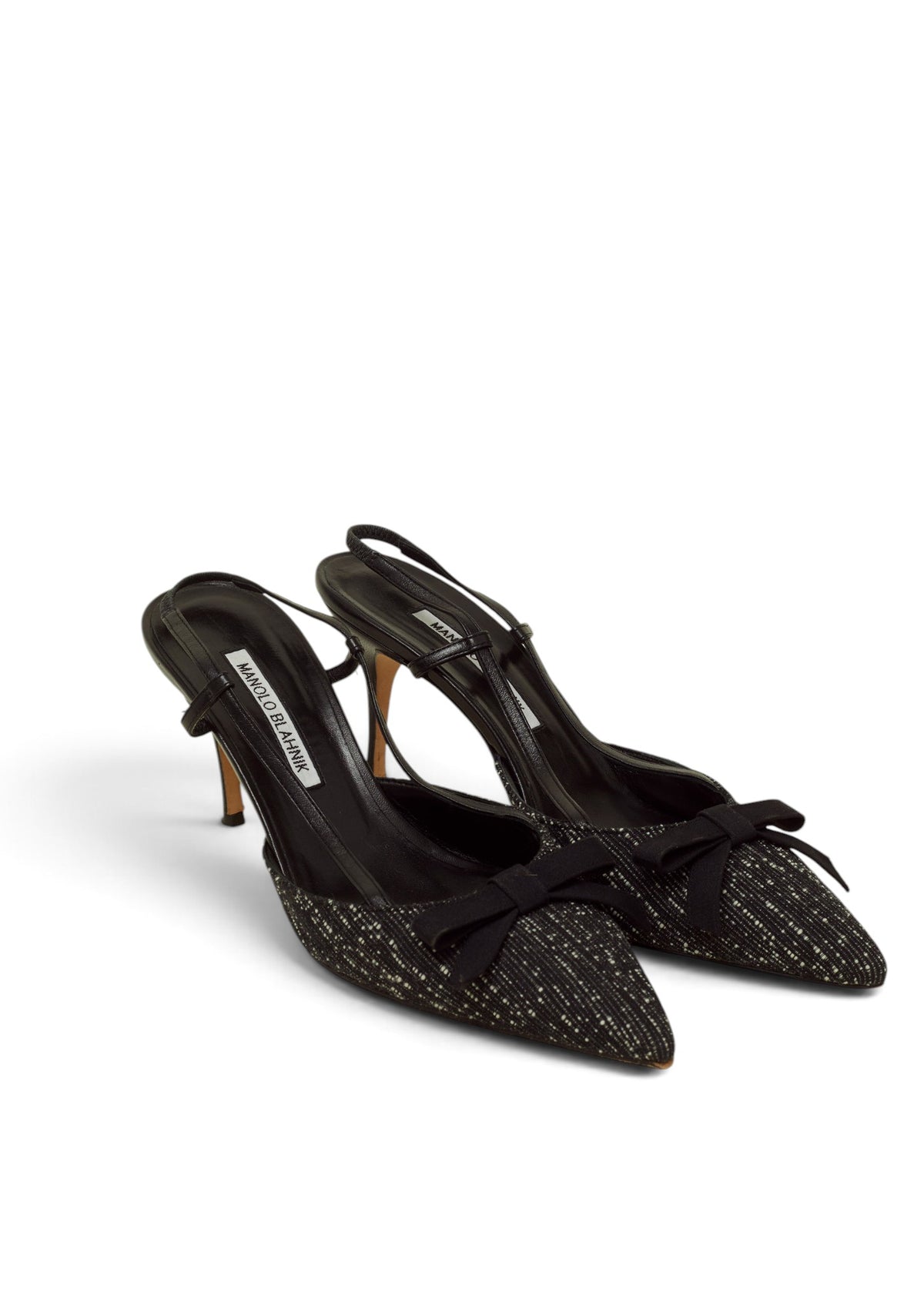 Lost Labels Manolo Blahnik black tweed slingback heels with a pointed toe and decorative bow detail