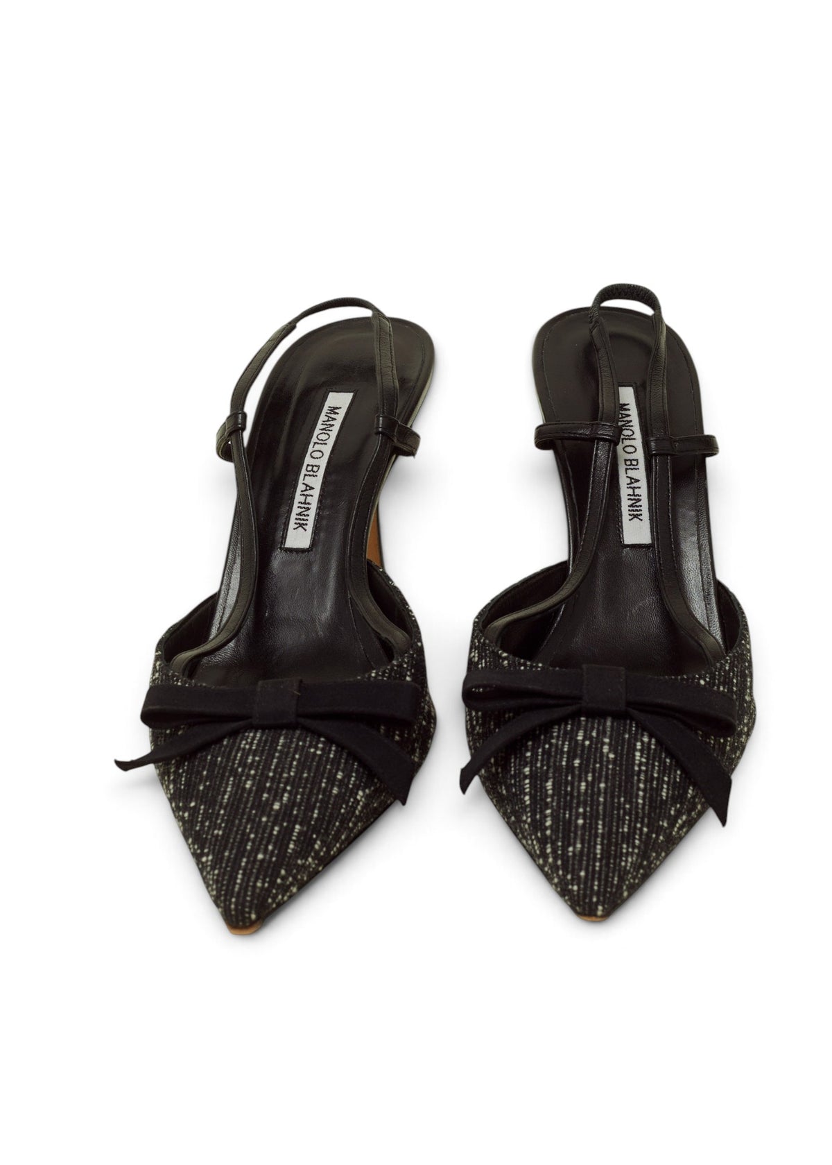 Lost Labels Manolo Blahnik black tweed slingback heels with a pointed toe and elegant bow detail