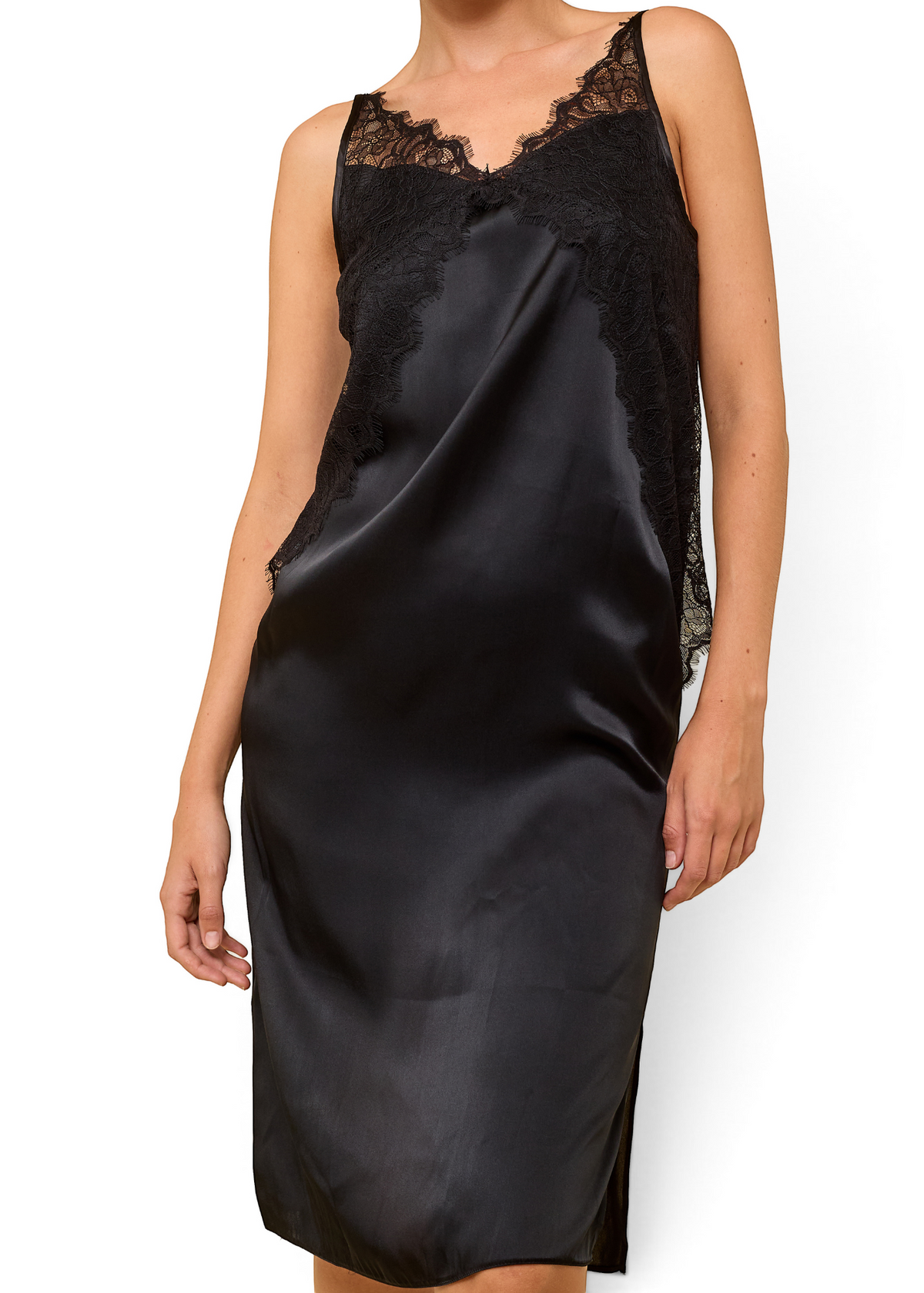 Lost Labels Max Mara black silk slip dress featuring delicate lace trim on the neckline and side, elegant midi cut.