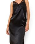 Lost Labels Max Mara black silk slip dress featuring delicate lace trim on the neckline and side, elegant midi cut.
