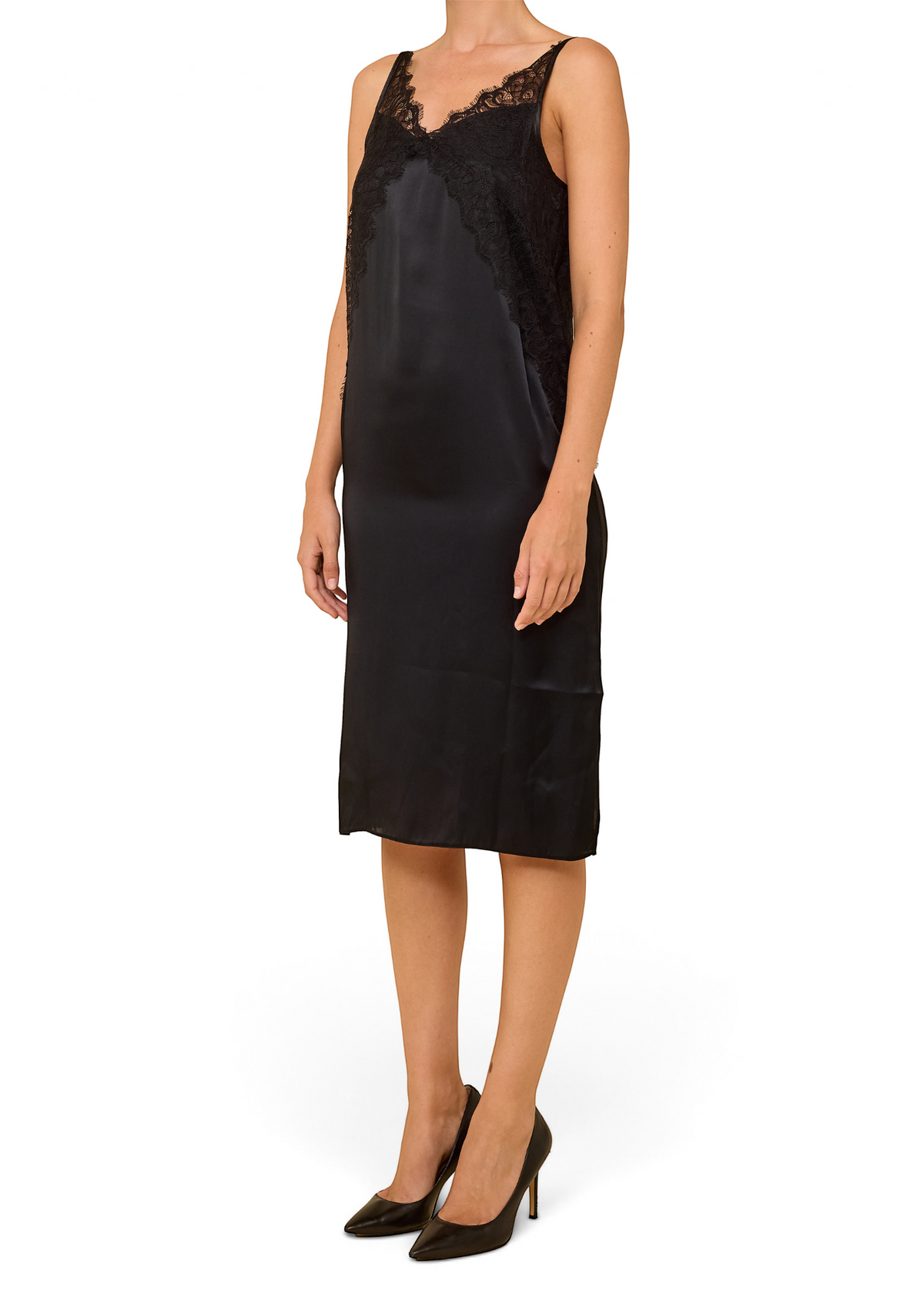 Lost Labels Max Mara black silk slip dress with delicate lace trim and refined tailoring on a model
